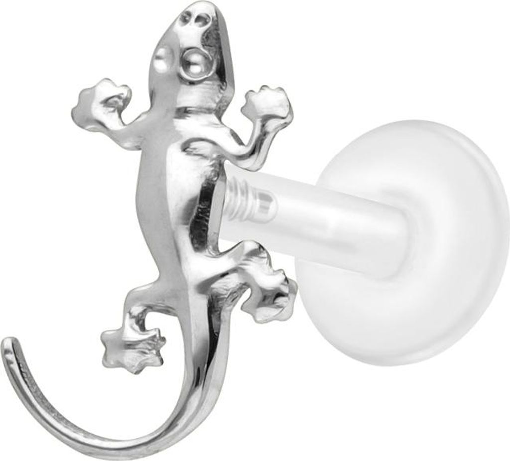 Ohrpiercing, Nasenpiercing PTFE Labret mit Innengewinde + Titan-Aufsatz GECKO Silber Stablänge: 6mm | Stabstärke: 1,2mm
