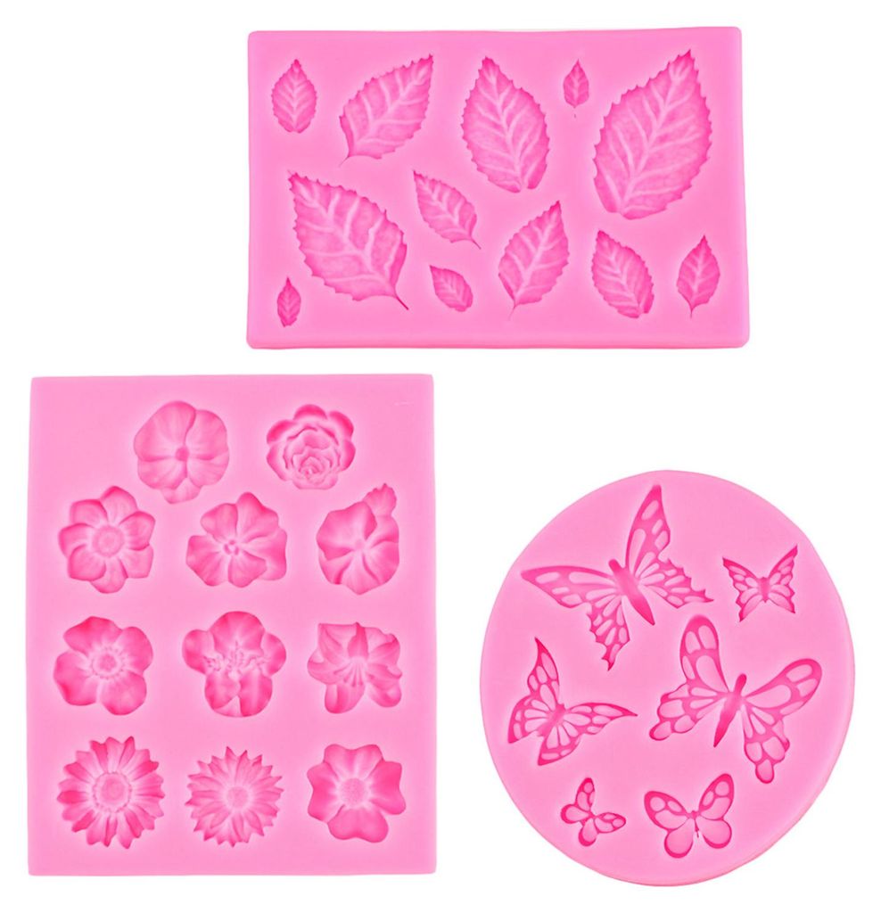 3-teilige Silikonform mit Blumen-, Blatt- und Schmetterlingsmotiven zum Dekorieren von Kuchen, Schokolade, Süßigkeiten, Fondant, Bastelarbeiten u...
