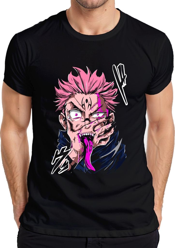 Anime Dämon rosa Haare Anime Ästhetik Zunge Fänge Horror Halloween Herren T-Shirt, Schwarz, L