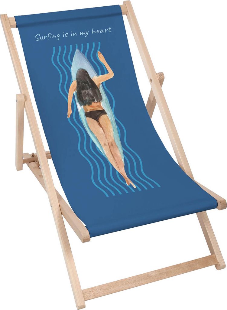Dreamroots Liegestuhl klappbar Holz bis zu 130 kg, Sonnenliege klappbar mit 3-stufiger Neigungsregulierung der Rückenlehne, Surfing Is In My Heart