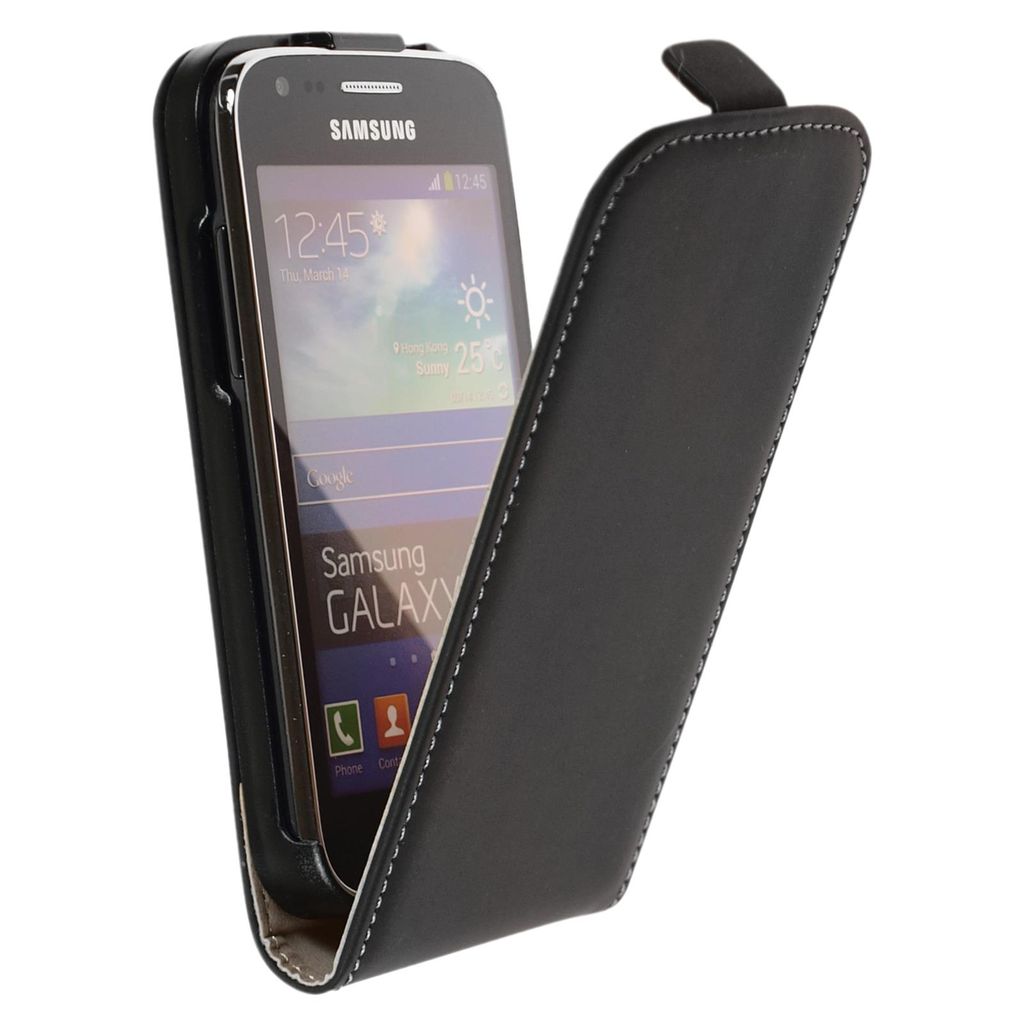 PhoneNatic Kunst-Lederhülle kompatibel mit Samsung Galaxy Ace 3 - Flip-Case schwarz + 2 Schutzfolien