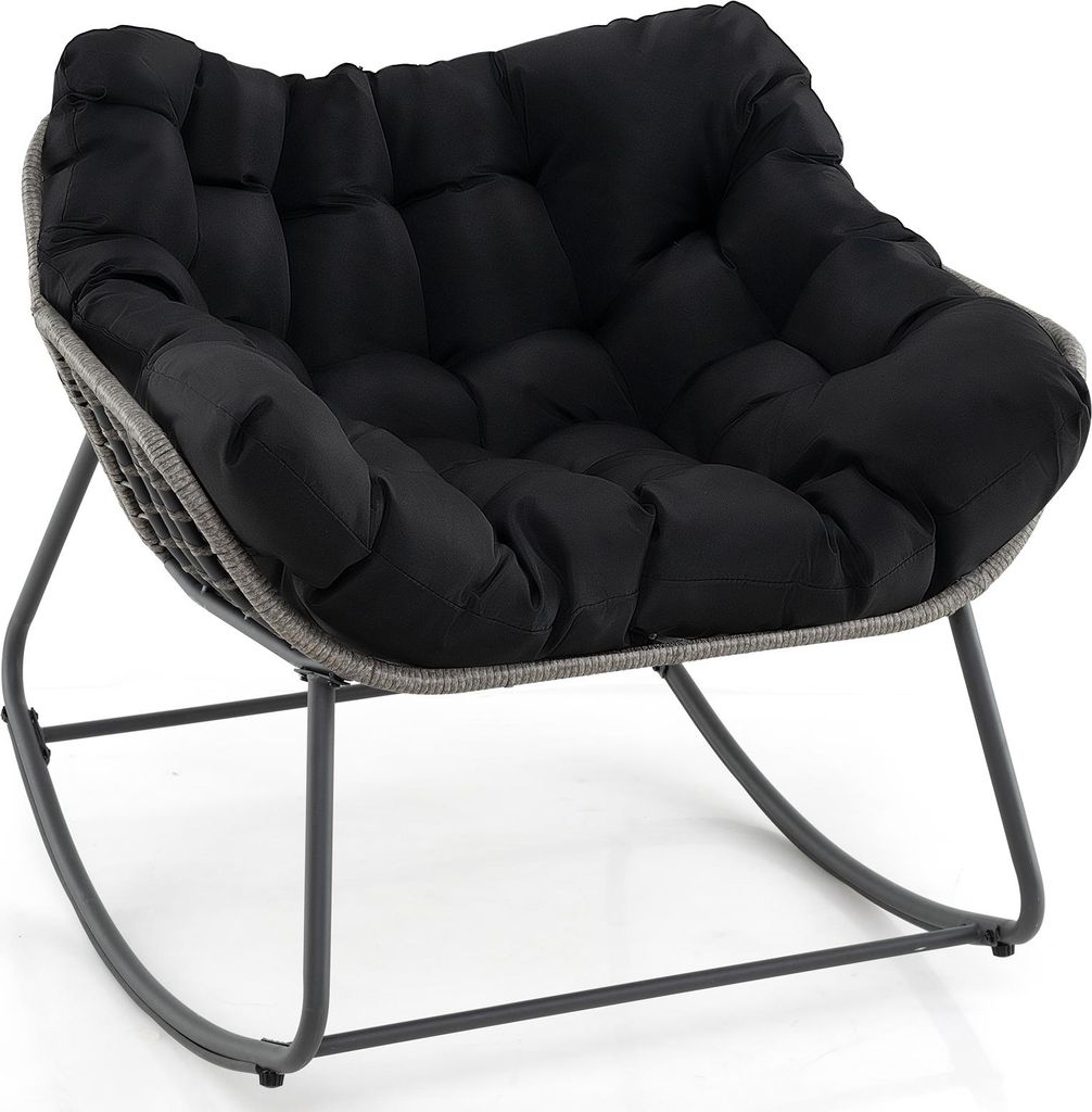 A black rocking chair with a gray woven frame on a white background.