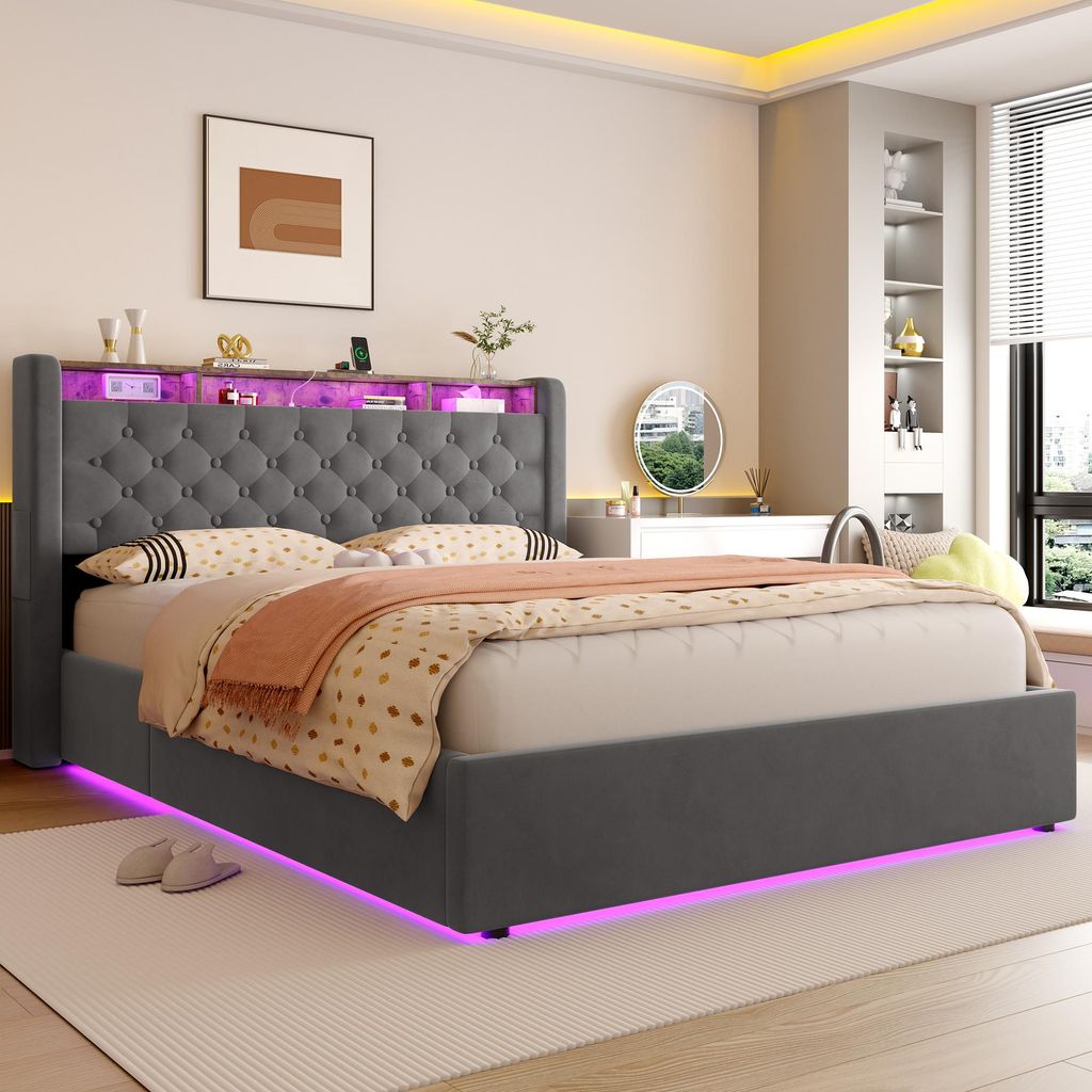 okwish Lit capitonné 140×190 cm avec prise et éclairage Image du produit 
