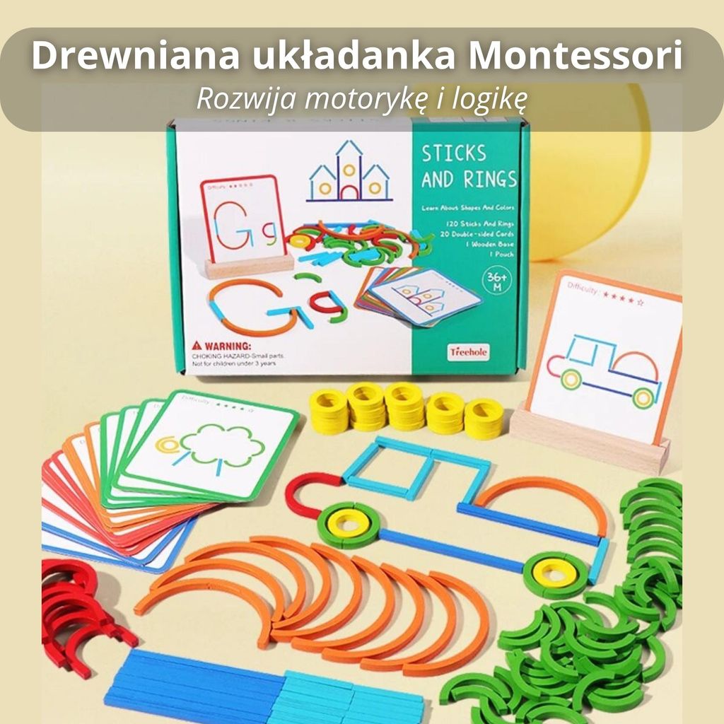 Montessori drewniana układanka z patyczkami i pierścieniami Zdjęcie produktu 