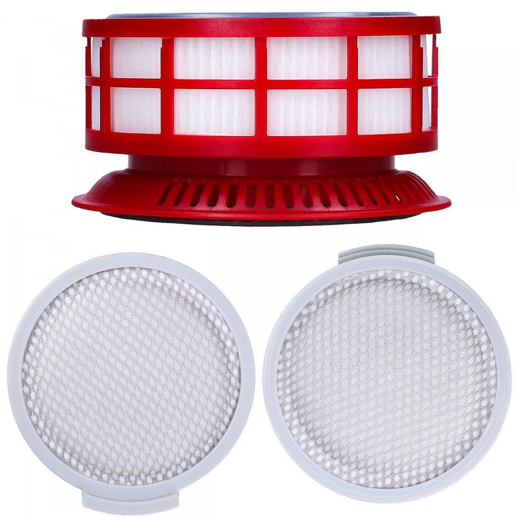 A collage of vacuum cleaner filters, including a red and white cylindrical filter and two circular white mesh filters.