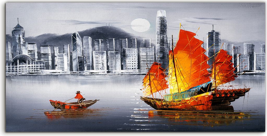 Coloray Acrylbild 100x50 Wandbild Acrylbilder Kunst Hongkong Segel Boot Schiff Stadt