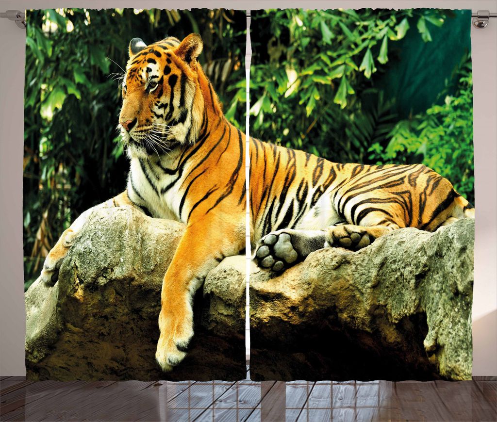 ABAKUHAUS Tiger Rustikaler Vorhang, Big Cat Resting in Wald, Wohnzimmer Universalband Gardinen mit Schlaufen und Haken, 280 x 245 cm, Mehrfarbig