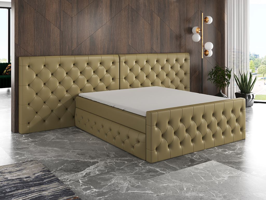 Boxspringbett SVEN 120 x 200 mit 2 Bettkästen, Bonell-Matratze und Topper. Farbe: Hellbraun