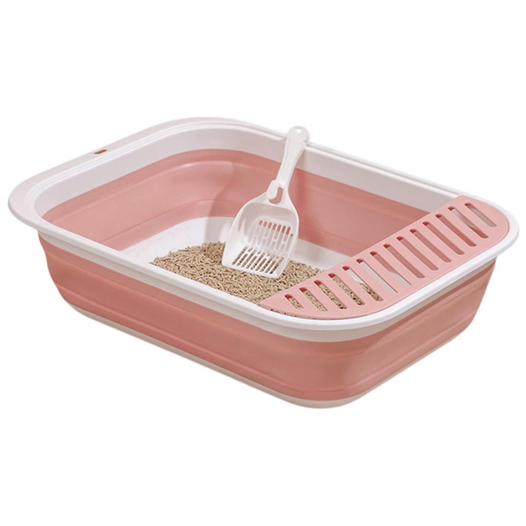 Katzentoilette Flach Kleine, Faltbare Katzenklo mit Schaufel, Rosa, 46x34x12cm