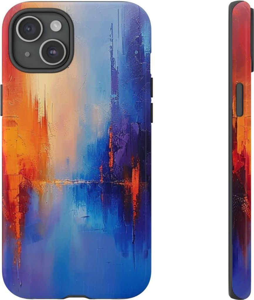 Lebendige abstrakte Stadtansicht in Blau und Orange – Hülle Kompatibel mit iPhone 15 Plus