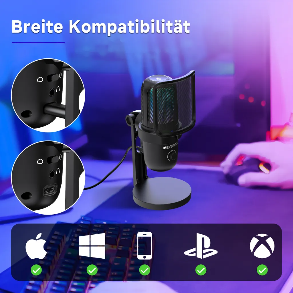 Microphone de streaming Retekess TG201 USB pour podcast et gaming PC - 5