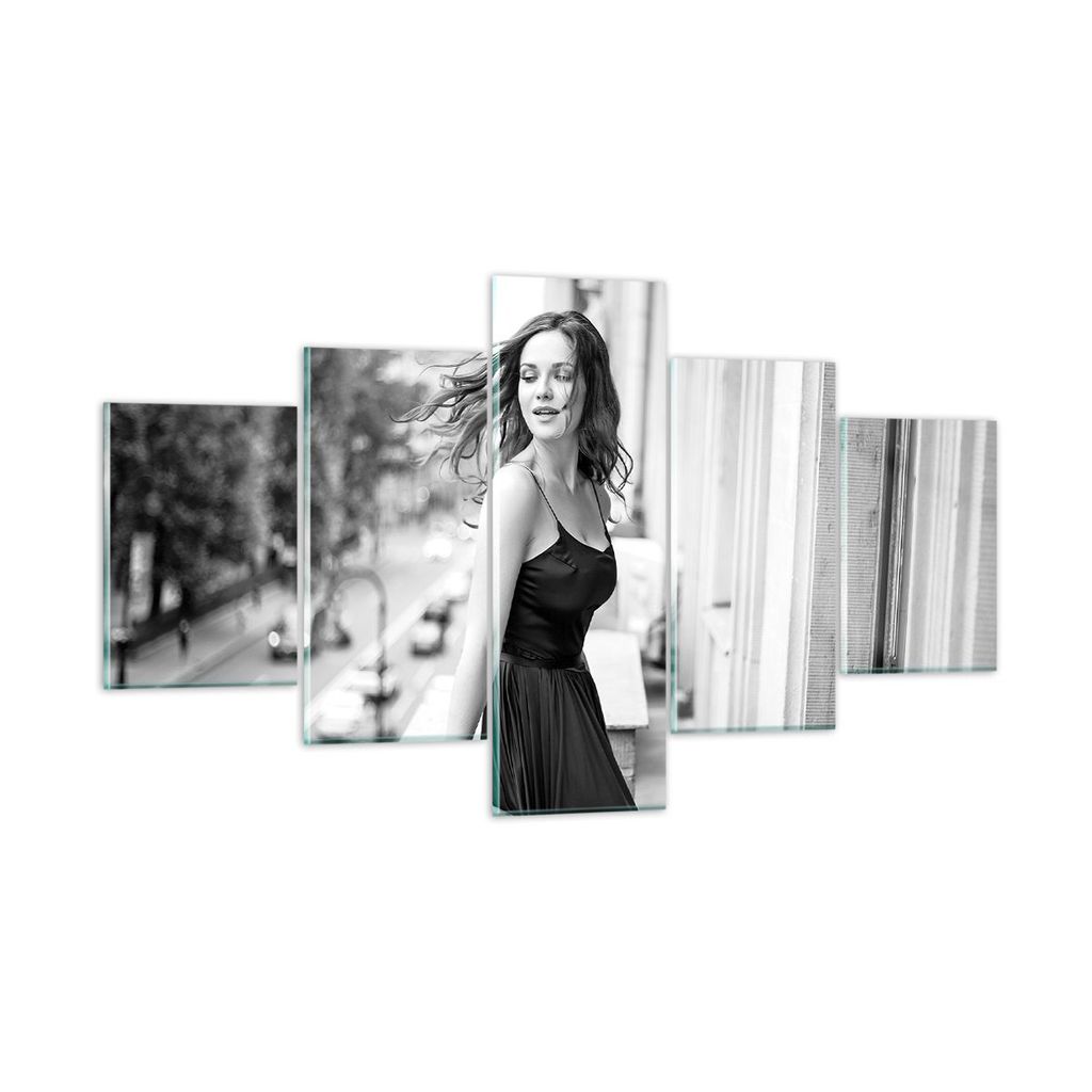 Bilder auf glas - 5 Teile - Frau Balkon Straße - 125x70cm - Glasbilder - Wandbilder - Bilder - zum Aufhängen bereit - Wanddekoration aus Glas - G...