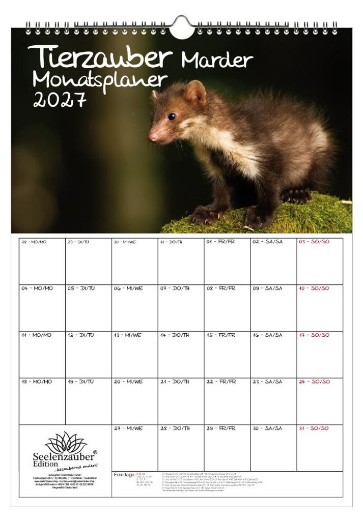 Tierzauber Marder Planer DIN A3 Kalender für 2027 Wald Natur Baum - Seelenzauber
