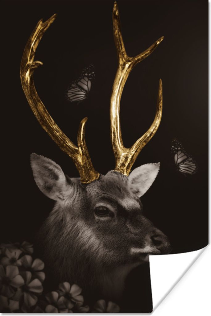 MuchoWow Poster Hirsch - Schmetterling - Gold - Schwarz 60x90 cm - Wanddekoration