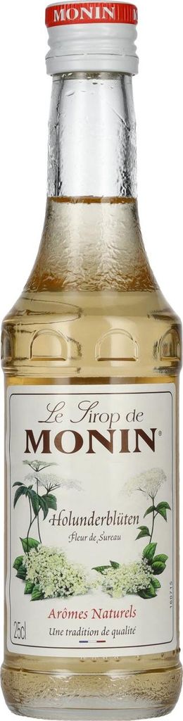 A bottle of Monin Holunder Blüte syrup against a white background.