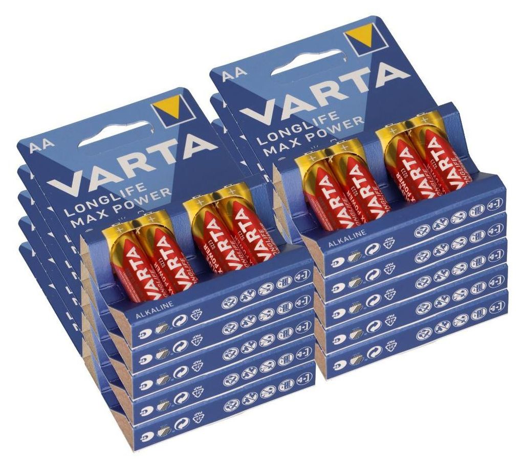 Multiple packs of Varta AA batteries stacked together.