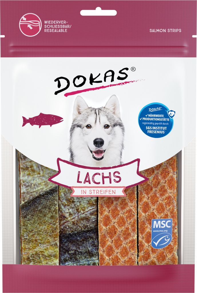 A product package for dog treats, featuring a dog's face and images of the treats.