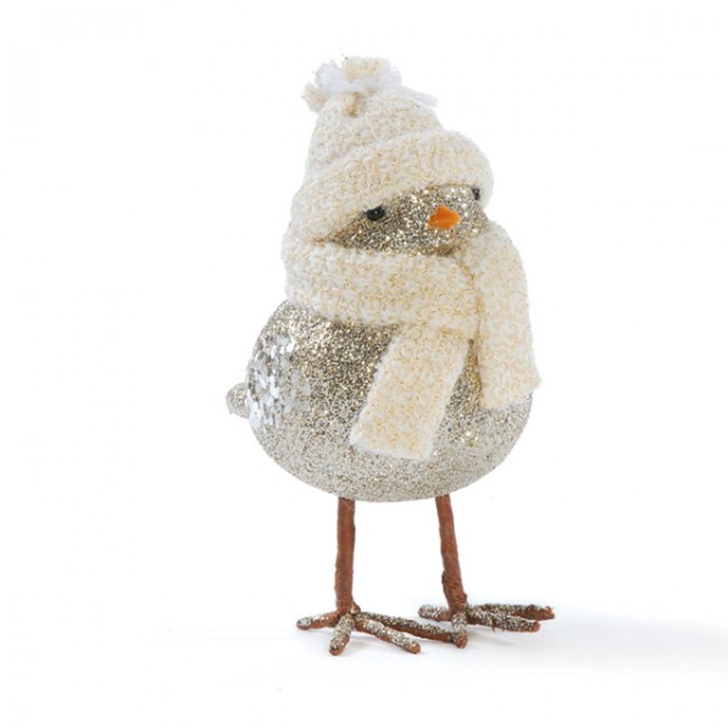 Aufsteller Vogel Größe:L silber Mütze 16 cm Figur Glitzer Schal Weihnachten Deko Tisch