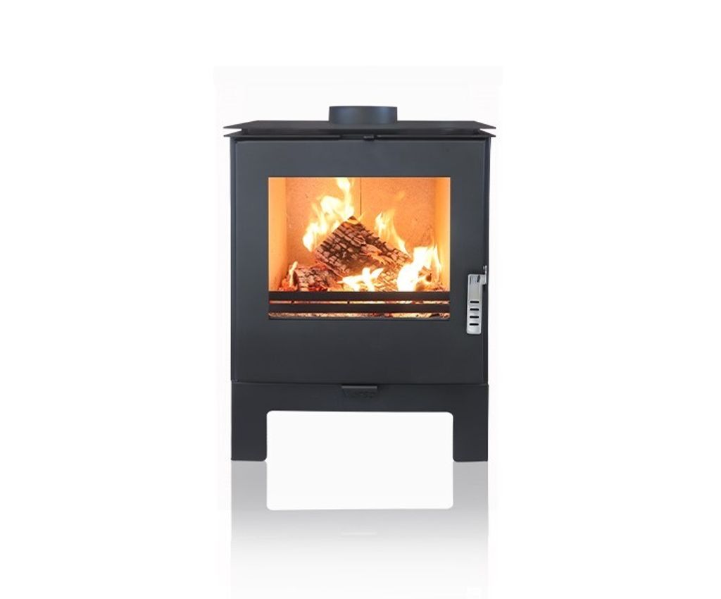 A modern black wood-burning stove with a fire burning inside, presented on a white background.