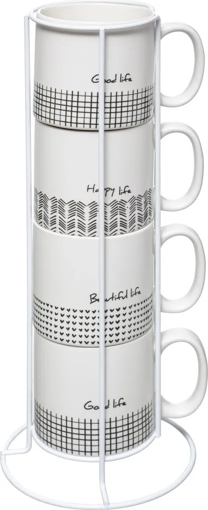 Idea Regalo: Set 4 Tazze Ceramica LIFE su Supporto - 240ml Eleganza