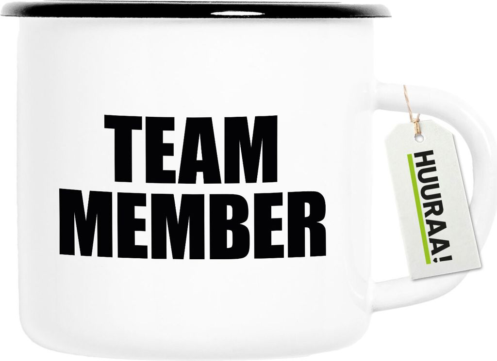 Huuraa Emaille Tasse Team Member Schriftzug 300ml Vintage Campingbecher Geschenkidee