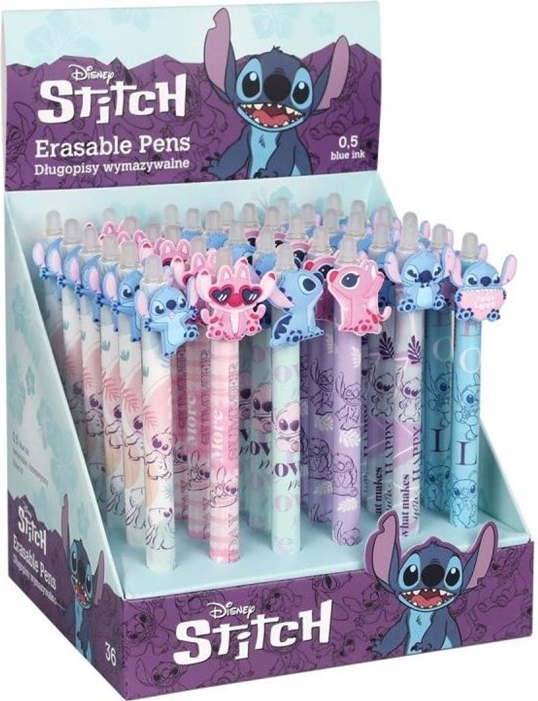 A display box filled with colorful Stitch-themed erasable pens.