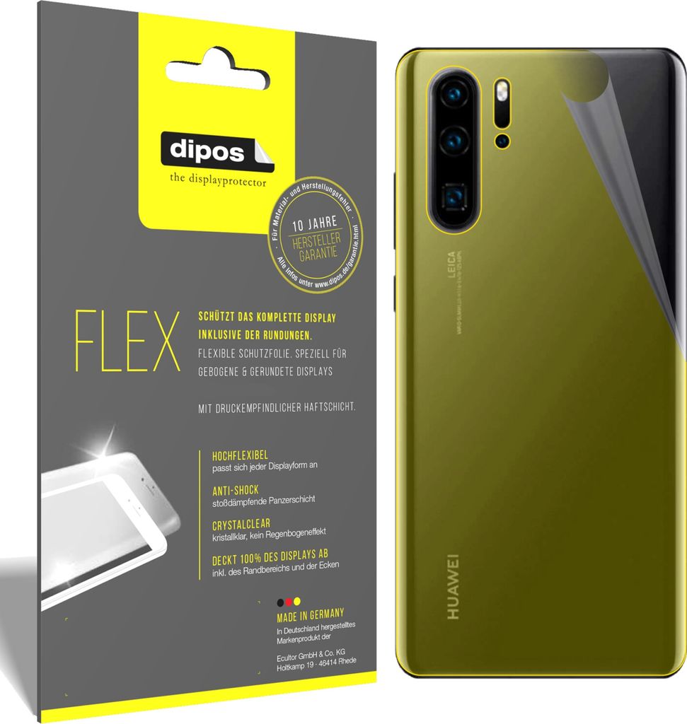 3x Schutzfolie für Huawei P30 Pro (2020) Rückseite Folie, 100% Displayabdeckung, dipos Flex