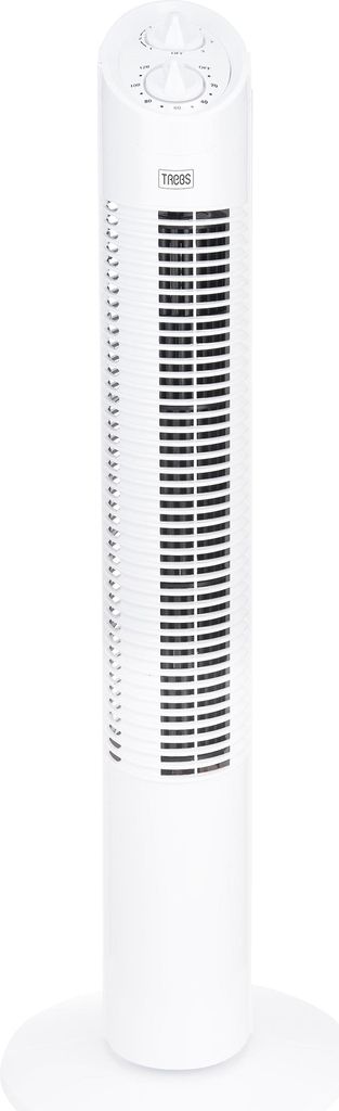 A white tower fan on a white circular base against a white background.