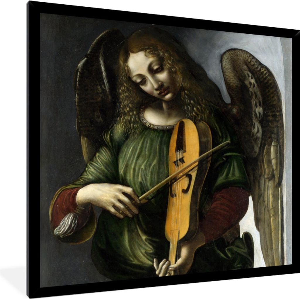 MuchoWow MuchoWow Gerahmtes Poster Ein Engel in Grün mit einer Fahne - Leonardo da Vinci 40x40 cm - Poster mit zchwarzem Bilderrahmen - Mit Ra...
