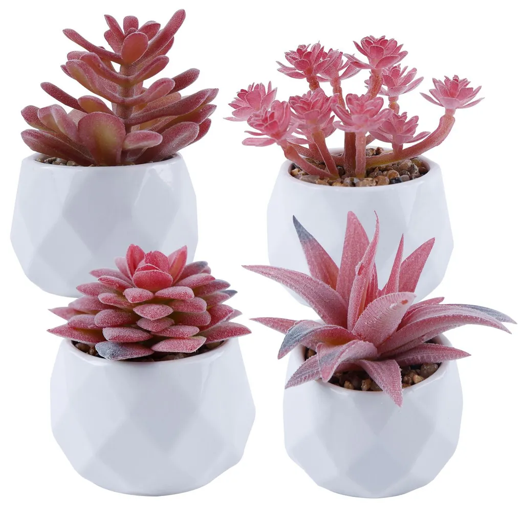 Petites Plantes Artificielles Roses en Céramique : Lot de 4 Réaliste
