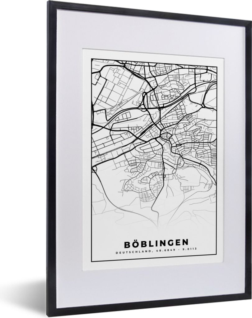 MuchoWow Gerahmtes Poster Stadtplan - Böblingen - Karte - Wegbeschreibung 30x40 cm - Poster mit Schwarzem Bilderrahmen Wandposter Rahmen Foto Bi...