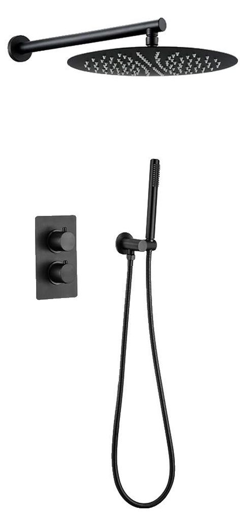 Duscharmatur Set, Modernes Design, Zwei-Auslass-System, Mattschwarz-a, 10 inch