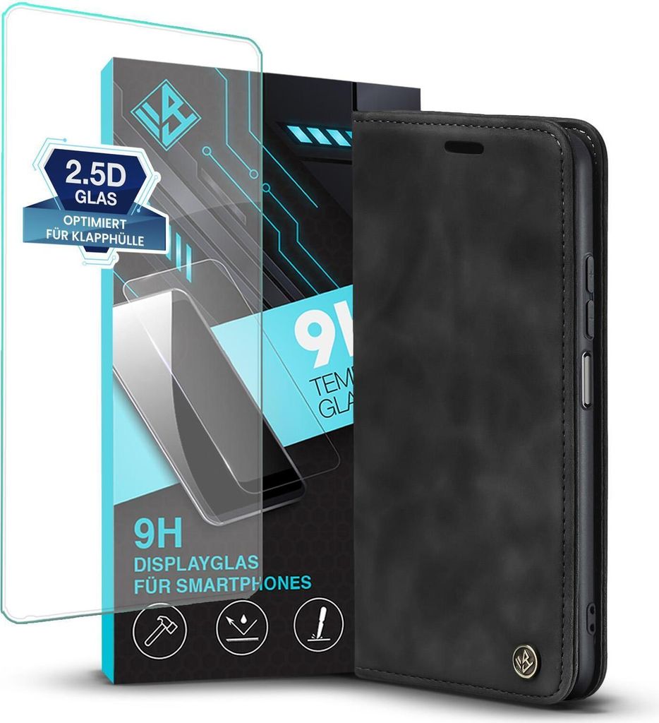 Handy Hülle für Xiaomi Mi 11 Lite 4G / 5G mit 9H Displayglas Klapphülle Bookcase Flip Cover Handy Tasche Etui Farbe: Schwarz