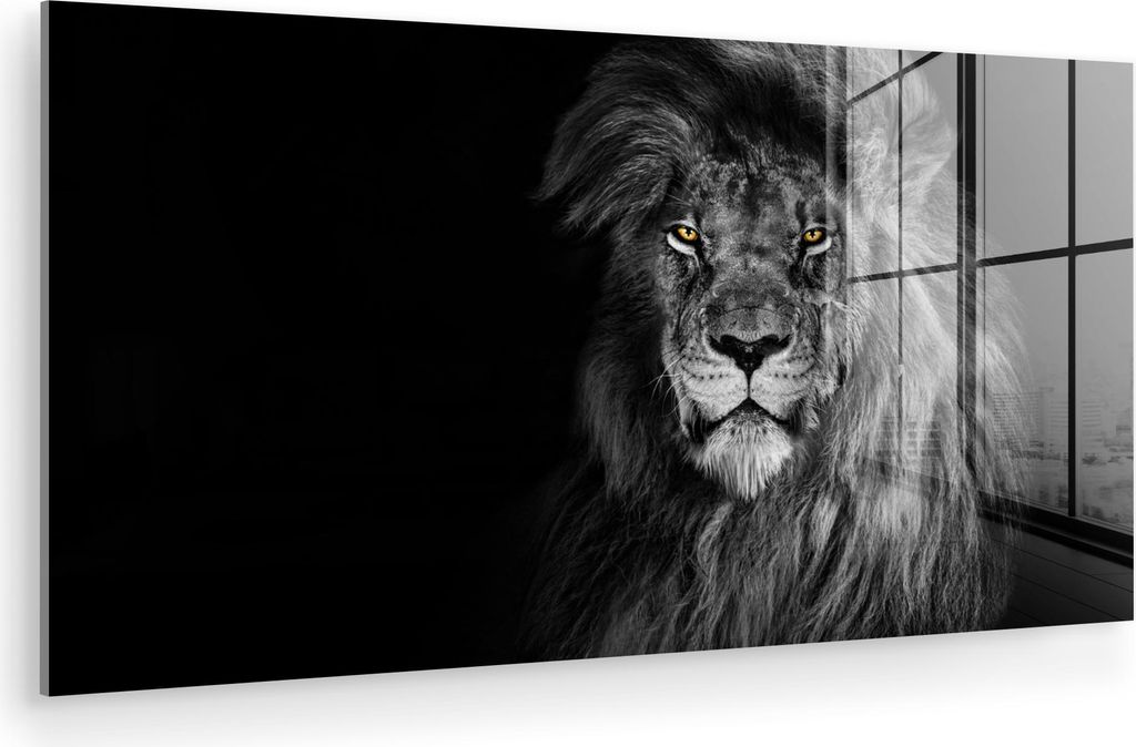 MuchoWow Glasbilder - Bilder auf Wandbild - Foto auf Glas Löwe - Augen - Orange - Schwarz und weiß - Tiere - Porträt 120x60 cm Wanddekoration au...