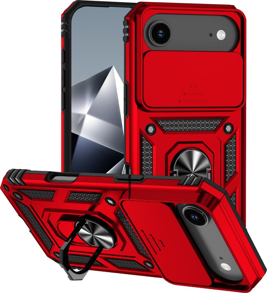 Hülle für iPhone Air mit Schiebe Kamera Schutz und Ringhalter Ständer Hybrid Schutzhülle Rot