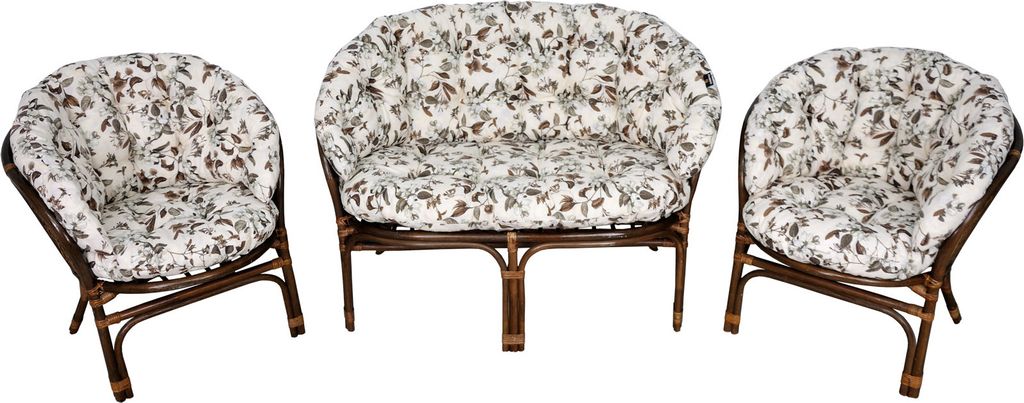 A set of rattan furniture including two chairs and a loveseat, all with patterned cushions, displayed on a white background.