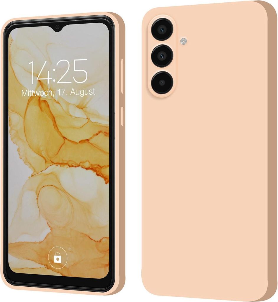 A product shot of a pink phone case shown from the front and back.