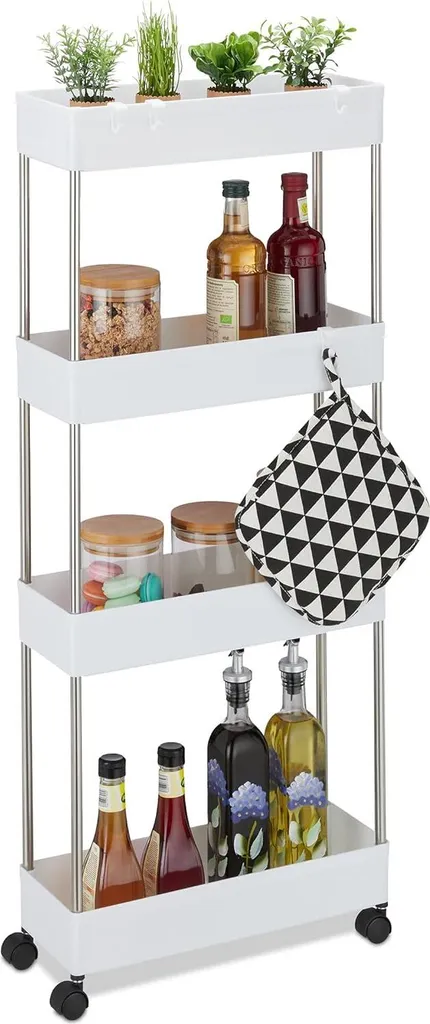 Chariot de cuisine en plastique à 4 niveaux blanc avec crochets mobiles