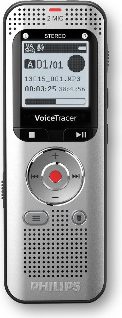 A silver Philips VoiceTracer digital voice recorder is shown against a white background.