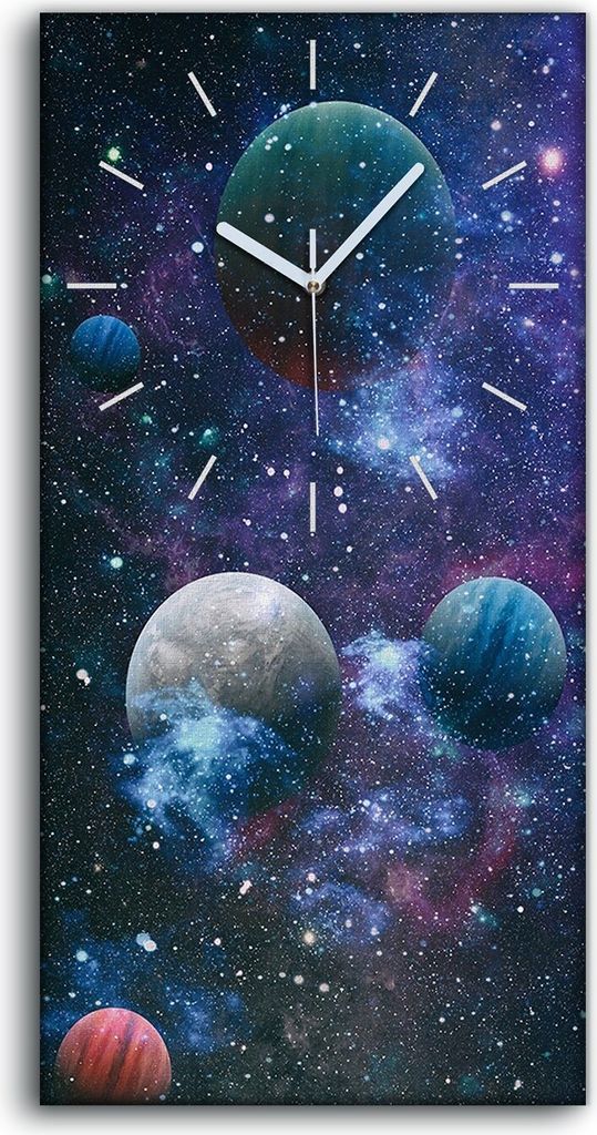 Wandbild Leinwand Bilder mit Uhr 30x60 Gemälde Galaxie Universum Planeten - weiße Hände