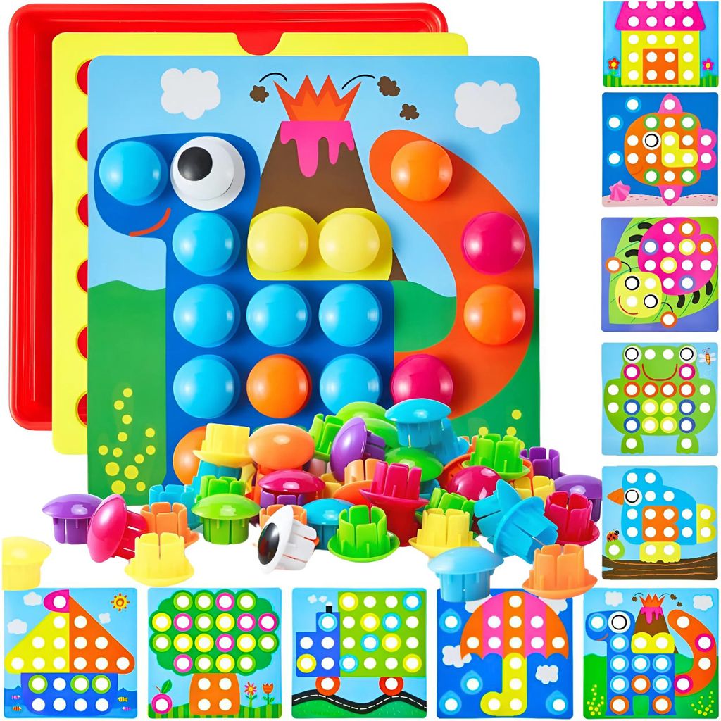 Mosaik Steckspiel Montessori 58 Teile für Kinder, Lernspiel mit 46 Steckknöpfen und 12 Bildvorlagen, Motorikspiel ab 3 Jahren