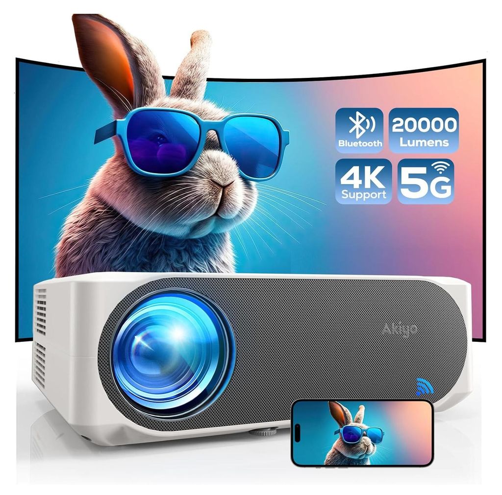 Full HD 1080P 20000 Lumen Beamer 5G WiFi Bluetooth AKIYO Beamer 4K Unterstützung, Heimkino Video Beamer Maximal 300“ Display Projektor mit Staub...