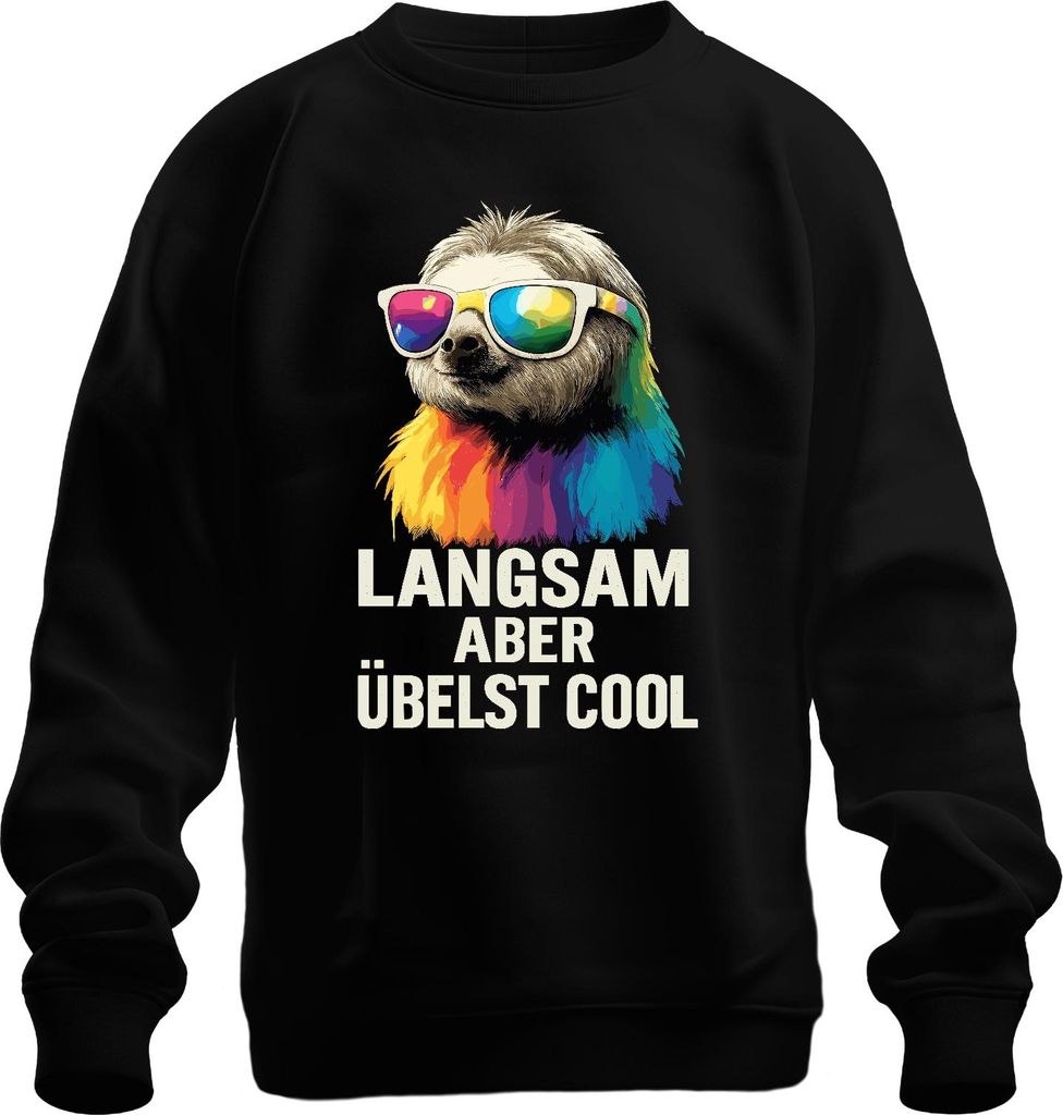 Langsam aber übelst cool Faultier Sonnenbrille Regenbogen Retro Uni Sweatshirt Pullover, Schwarz, S