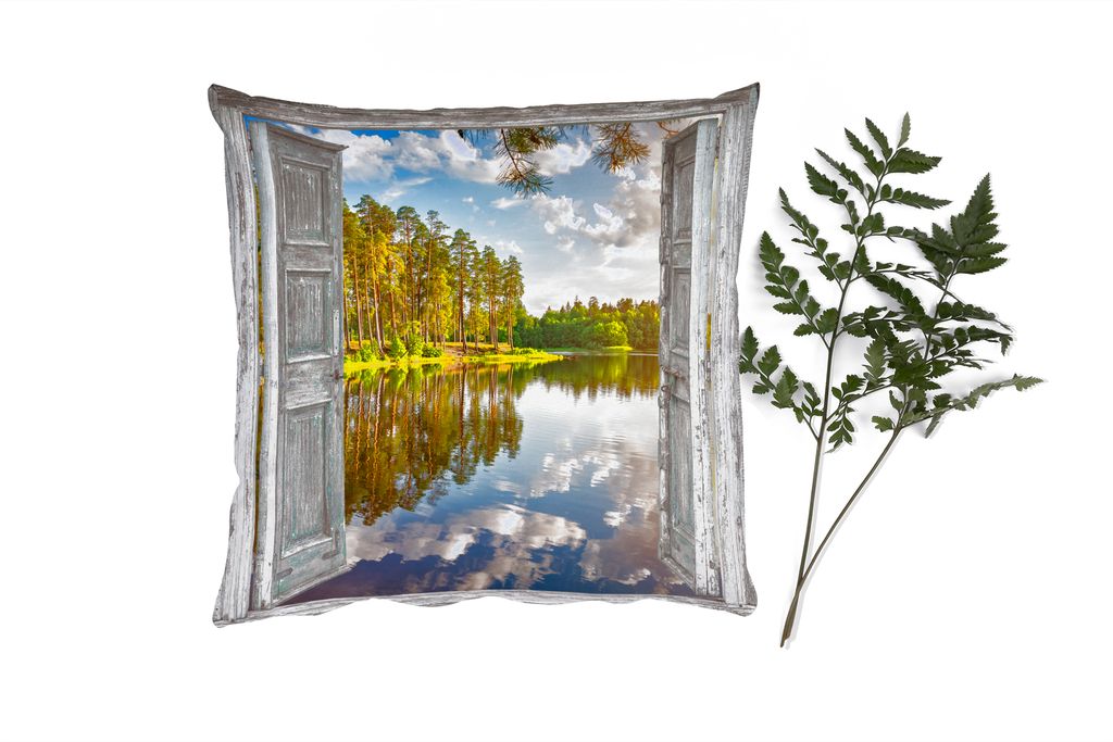 MuchoWow Zierkissen Sofakissen Wohnzimmer Dekokissen 45x45 cm Wasser - Landschaft - Fenster - Aussicht - Schlafpolster - Polster für das Sofa