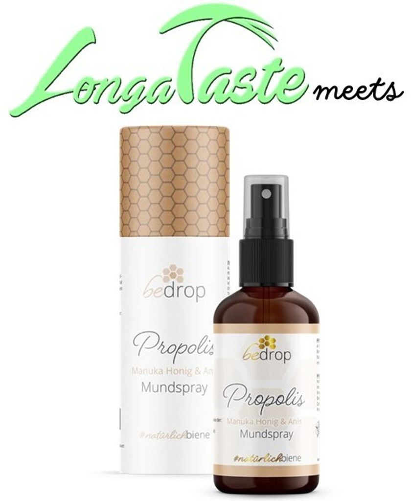 A product shot of a bottle of bedrop Propolis Mundspray with Manuka Honey & Anise, next to its packaging.