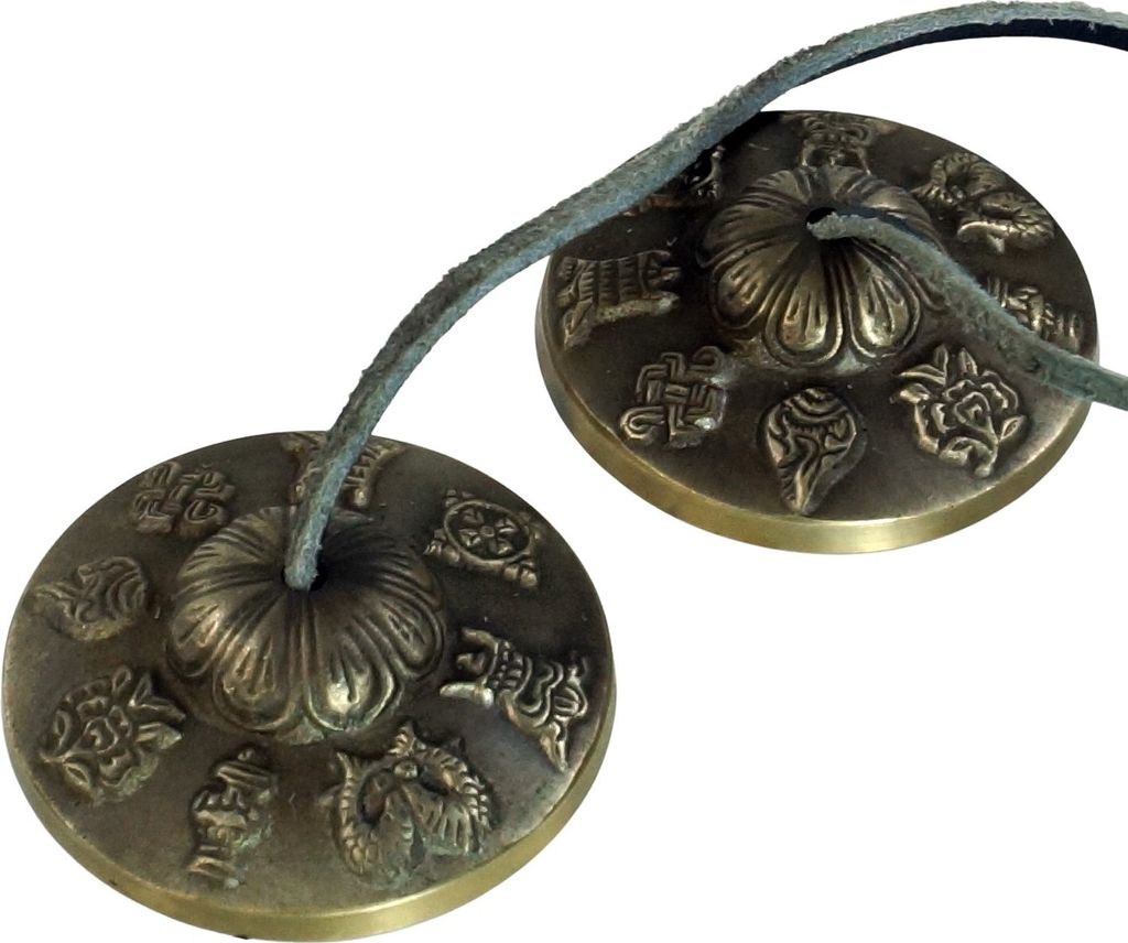 Zimbel Paar mit Ornament, Tibetische Zimbel, Gold, Messing, Motiv: Ø 7,5 cm