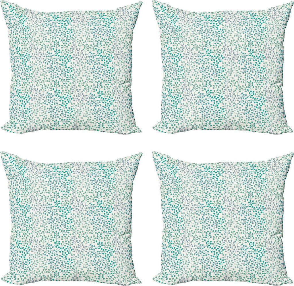 ABAKUHAUS Blätter Kissenbezug Set (4 Stück), Blumige Zweige Knospen, Moderner Doppelseitiger Digitaldruck, 45 cm x 45 cm, Teal Grau Creme