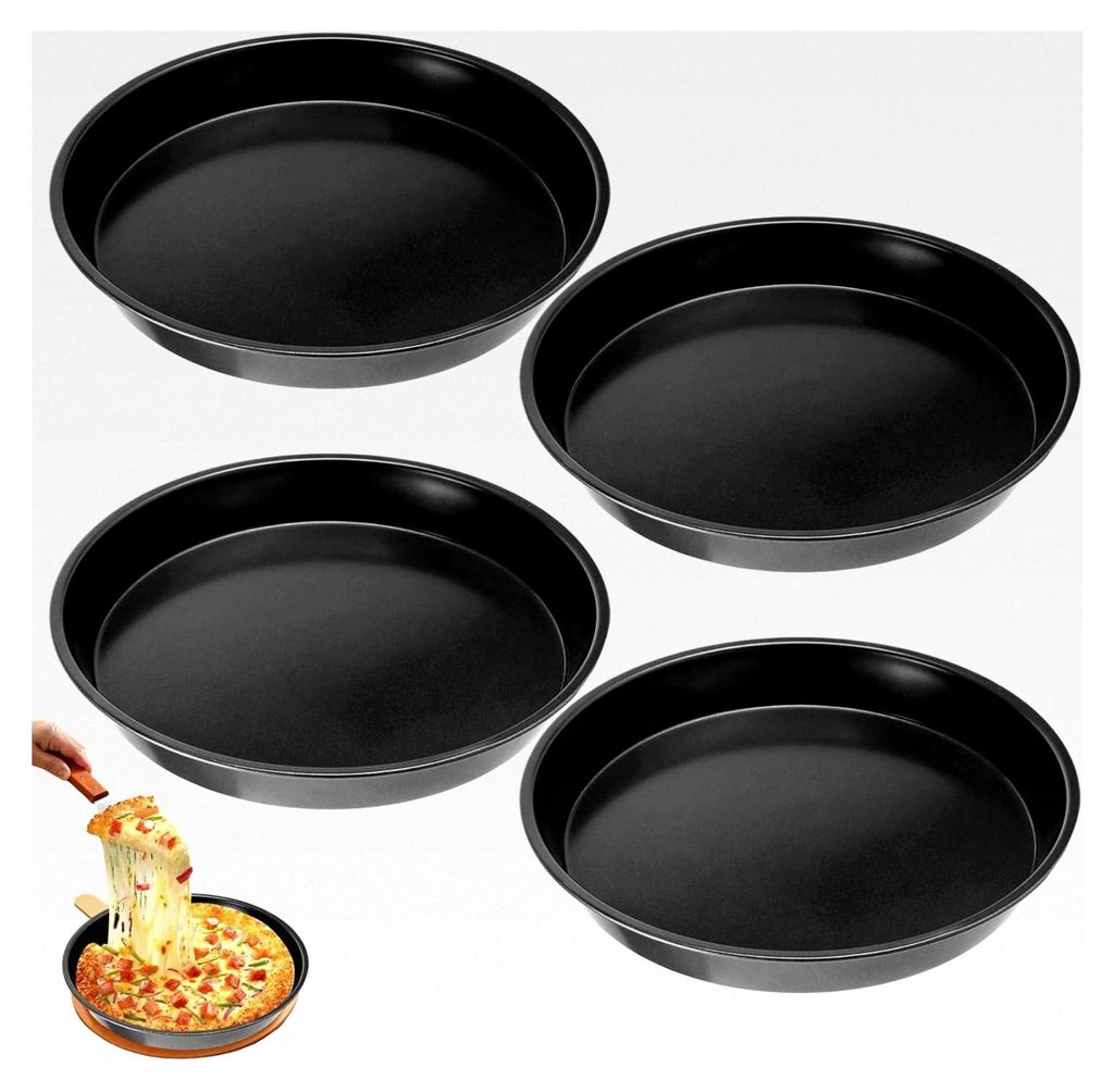 4 Stück Rundes Backblech, Antihaftbeschichtet, Pizzablech 28 cm, Schwarz, Kohlenstoffstahl
