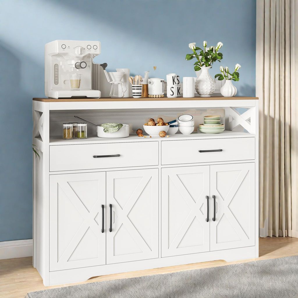 UnboxG Sideboard 140×40×105 cm Weiß, Küchen- & Esszimmer Schrank mit 2 Schubladen & 2 Türen, Stauraum- & Aufbewahrungsmöbel, Modernes, platzs...
