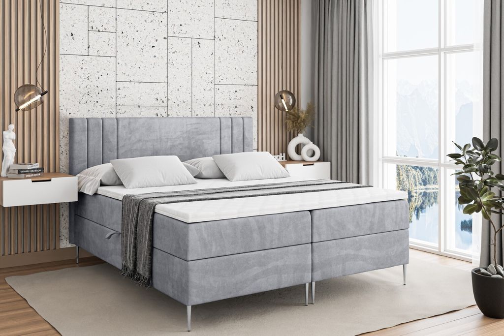 ALTDECOR Boxspringbett mit Silber Füßen, Matratze und Lattenrost, Boxbett, Topper, Polsterbett mit Bettkasten, Bett mit Stauraum H3-Matratze, Dop...